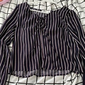 navy blue striped blouse with key whole tie